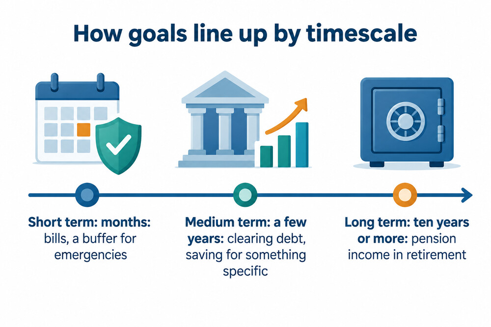 Diagram showing short, medium and long-term goals on a line from months to decades