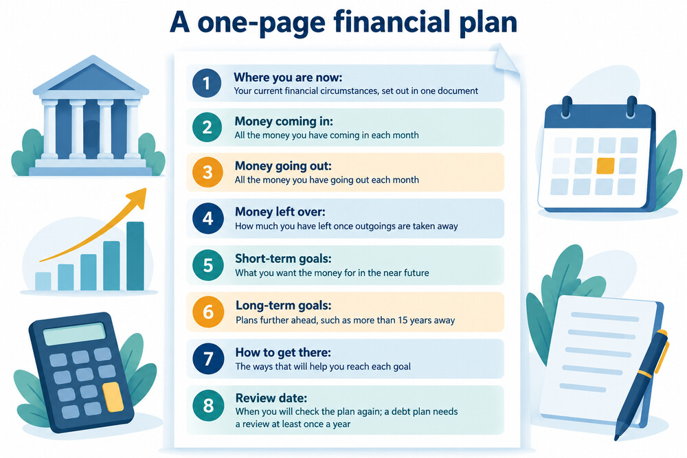 A one-page financial plan laid out on a desk, showing income, outgoings and a list of goals with amounts and dates