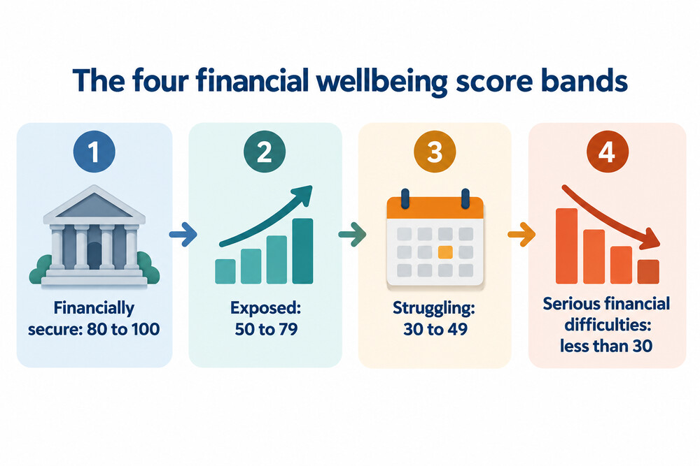 The four financial wellbeing bands, from secure to serious difficulties