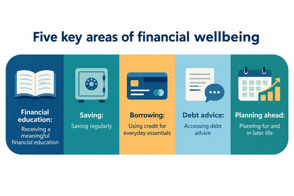An infographic showing the four parts of financial wellbeing: meeting day-to-day obligations, coping with the unexpected, saving and planning ahead