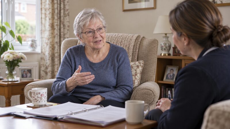 An older woman sits in an armchair talking with an adviser beside an open folder of bills.