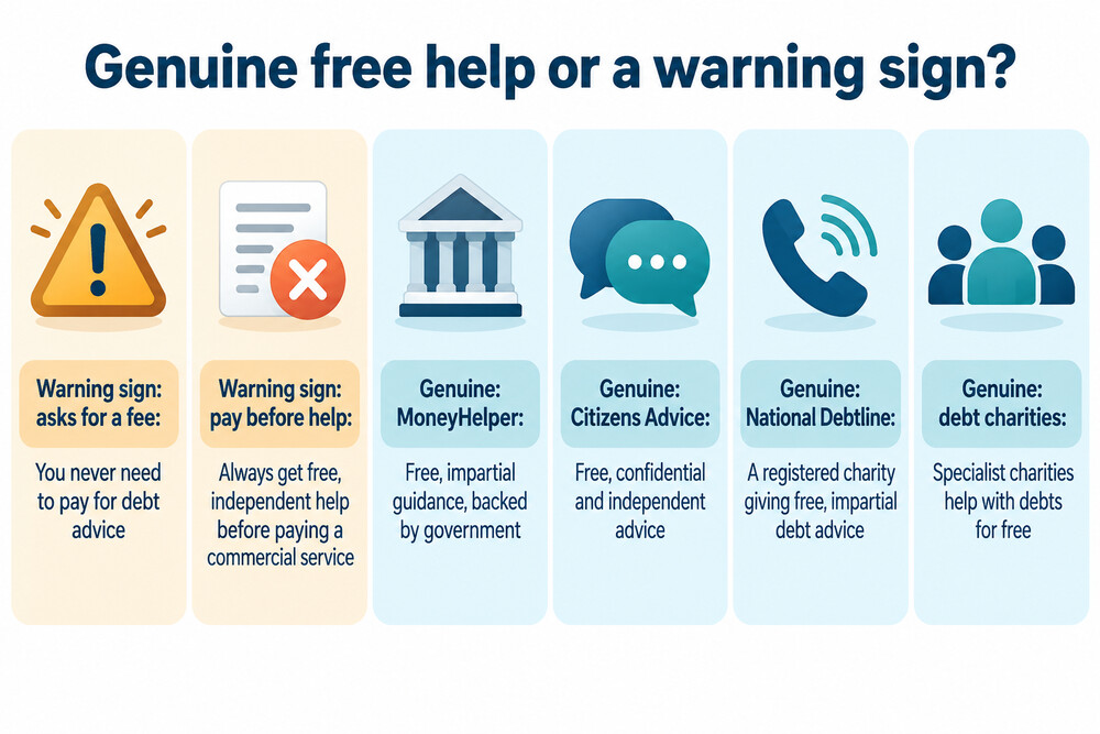 A warning-signs checklist showing how to spot a fake adviser, including upfront fee demands and unexpected contact