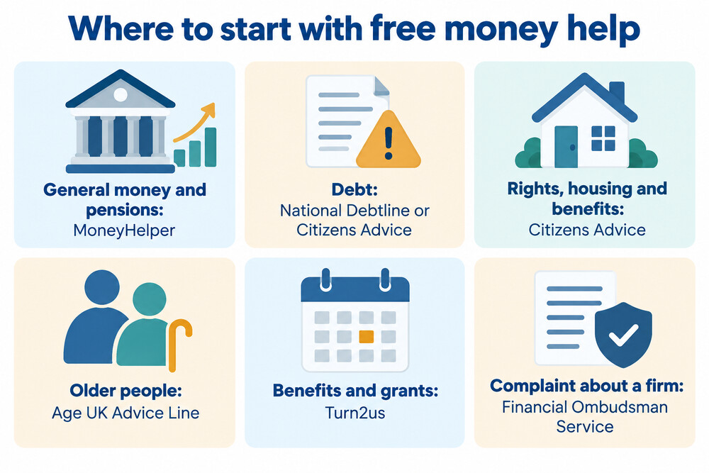 A diagram matching common money problems to the free service that focuses on each