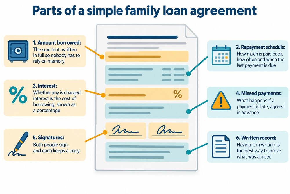 An example of a simple one-page family loan agreement, signed and dated by two people