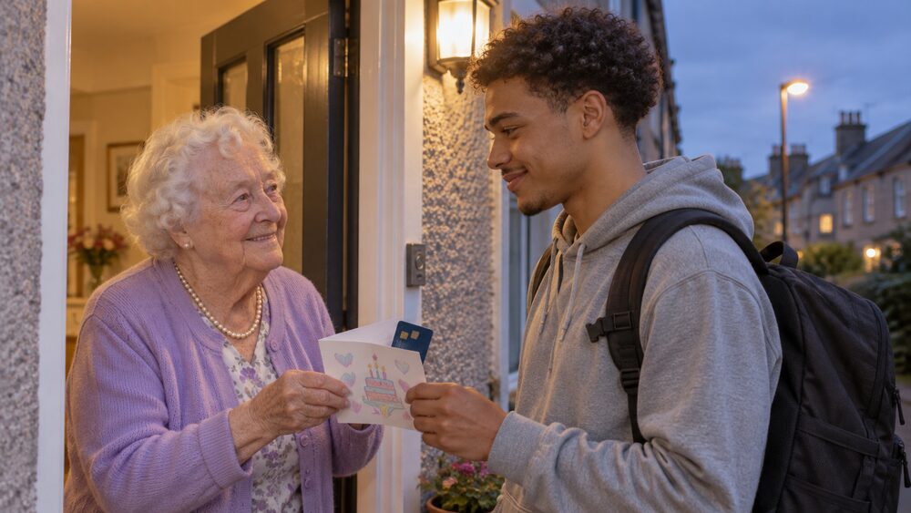 An older woman hands a card with a bank card tucked inside to her grandson at her door.