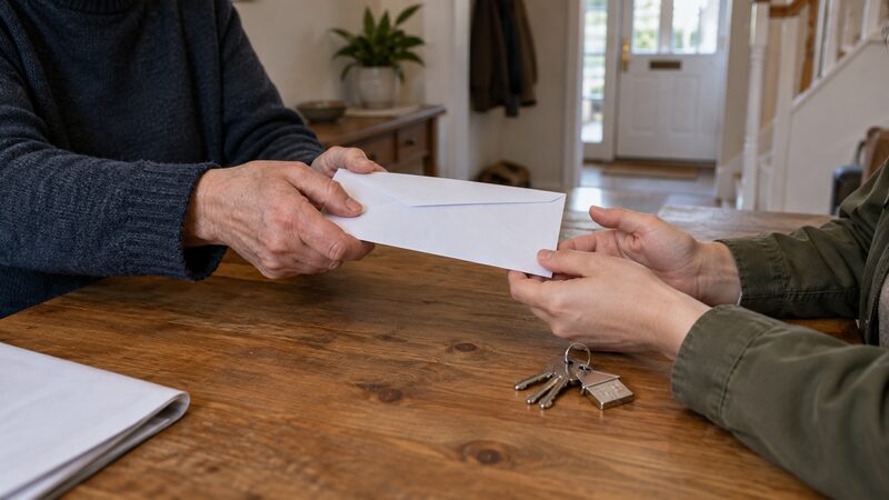 Two pairs of hands pass a sealed envelope across a table beside a bunch of house keys.