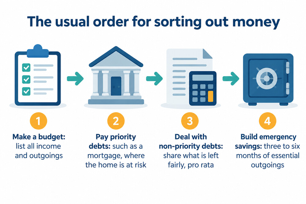 The usual order for tackling money problems, from budget to priority debts to other debts and savings