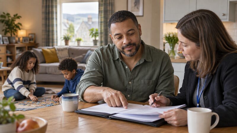 A money adviser meeting with a client to discuss a benefits decision