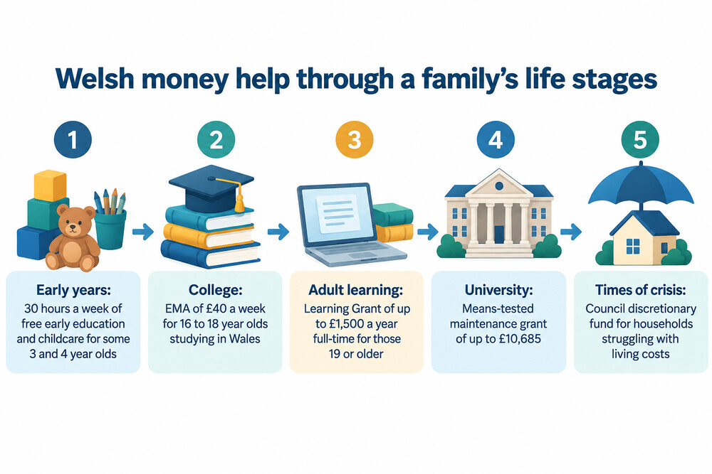 A family in Wales at different life stages, from paying for childcare to supporting a teenager through college