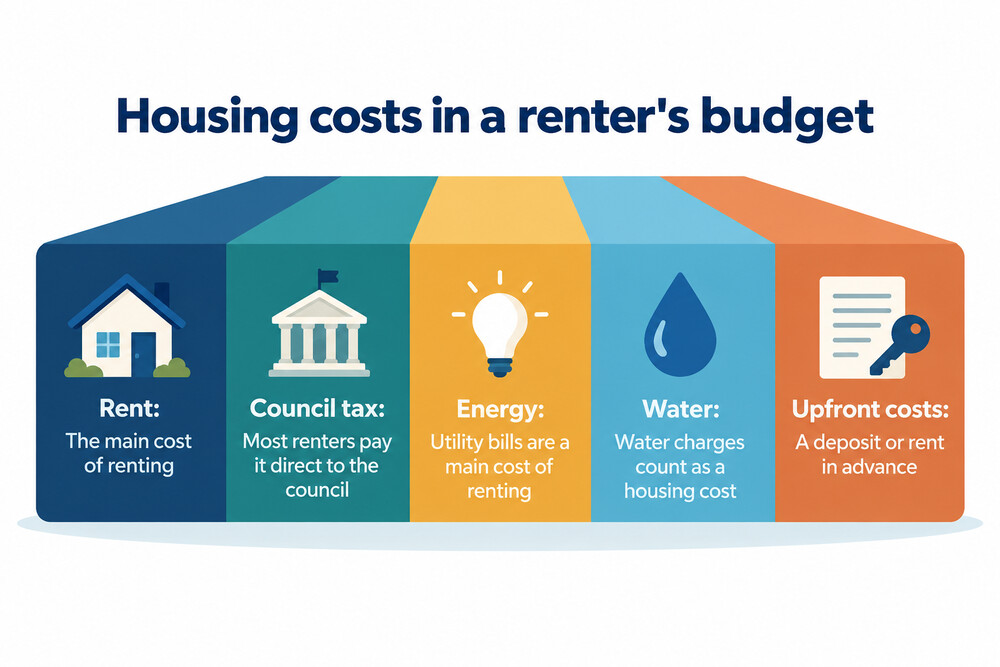 A renter's monthly budget split between rent, council tax, energy and other housing costs