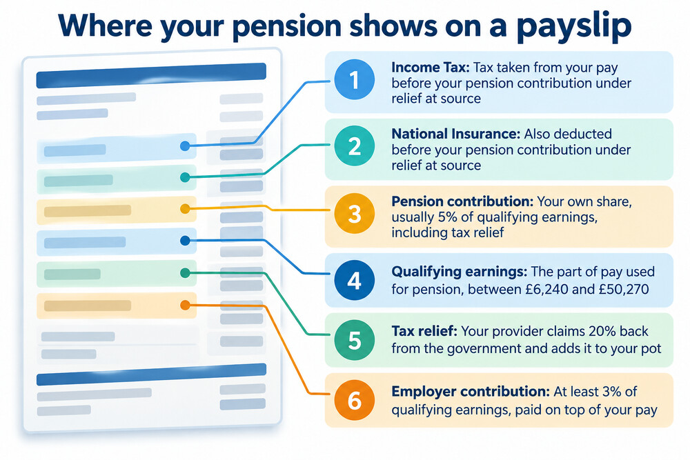 A payslip showing the pension deduction line alongside tax and National Insurance
