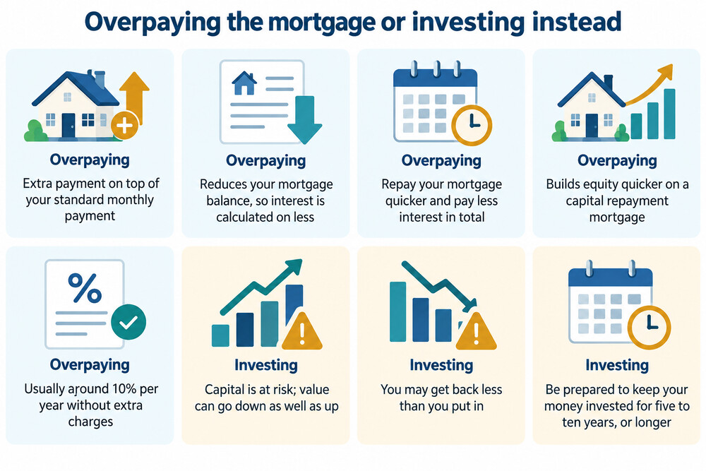 A side-by-side illustration of a mortgage balance falling as overpayments are made, next to an investment value line that rises and dips