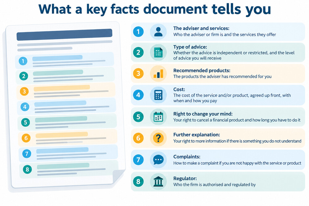A key facts document from a financial adviser, showing sections for services, recommended products, costs, cooling-off rights and complaints