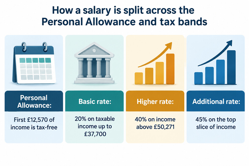 A chart splitting taxable income into the basic, higher and additional rate bands with their rates