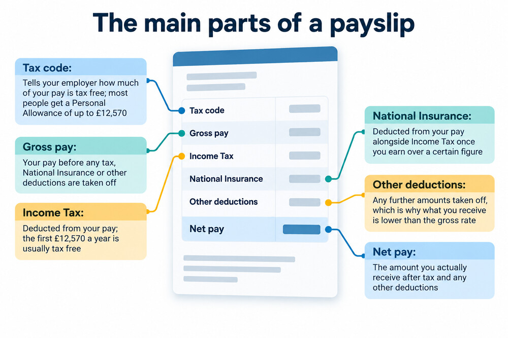 A sample payslip with the gross pay, deductions and net pay lines labelled in plain English