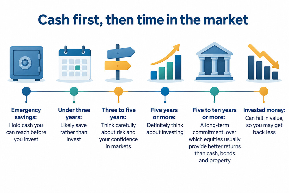 A simple timeline showing emergency savings first, then a five to ten year investment horizon