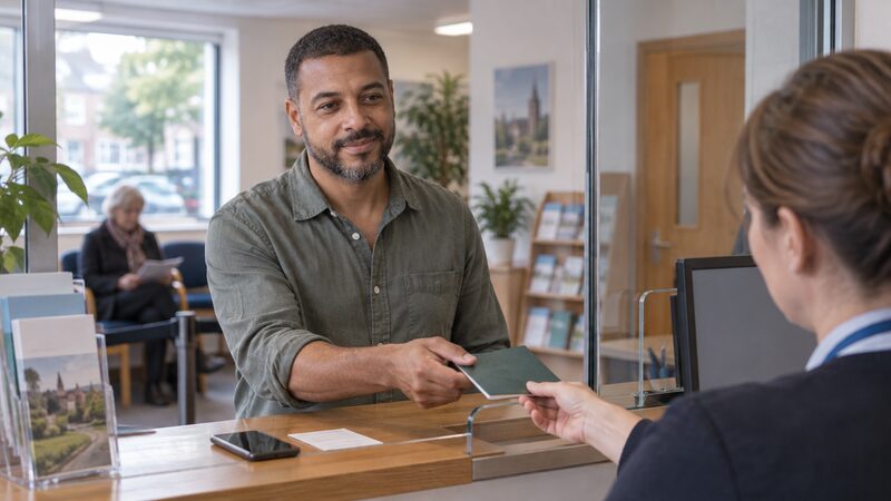 A man stands at a credit union counter handing a passbook to a staff member.