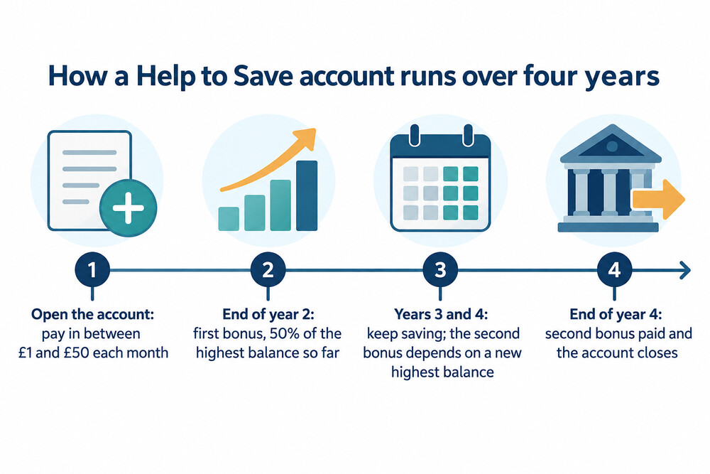 A timeline showing a Help to Save account from opening to closing after four years, with bonus points at year two and year four