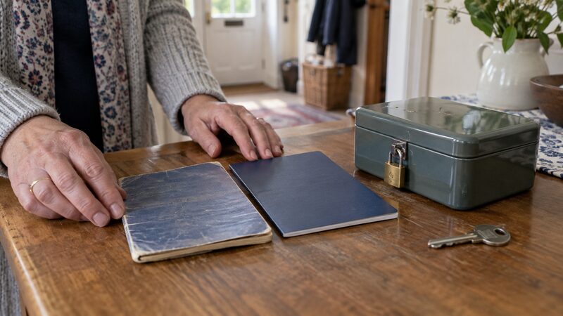 Two savings passbooks lie side by side on a wooden table beside a small locked tin.