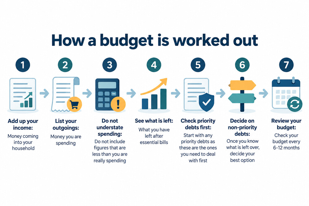 A simple budget sheet with income at the top and outgoings listed below