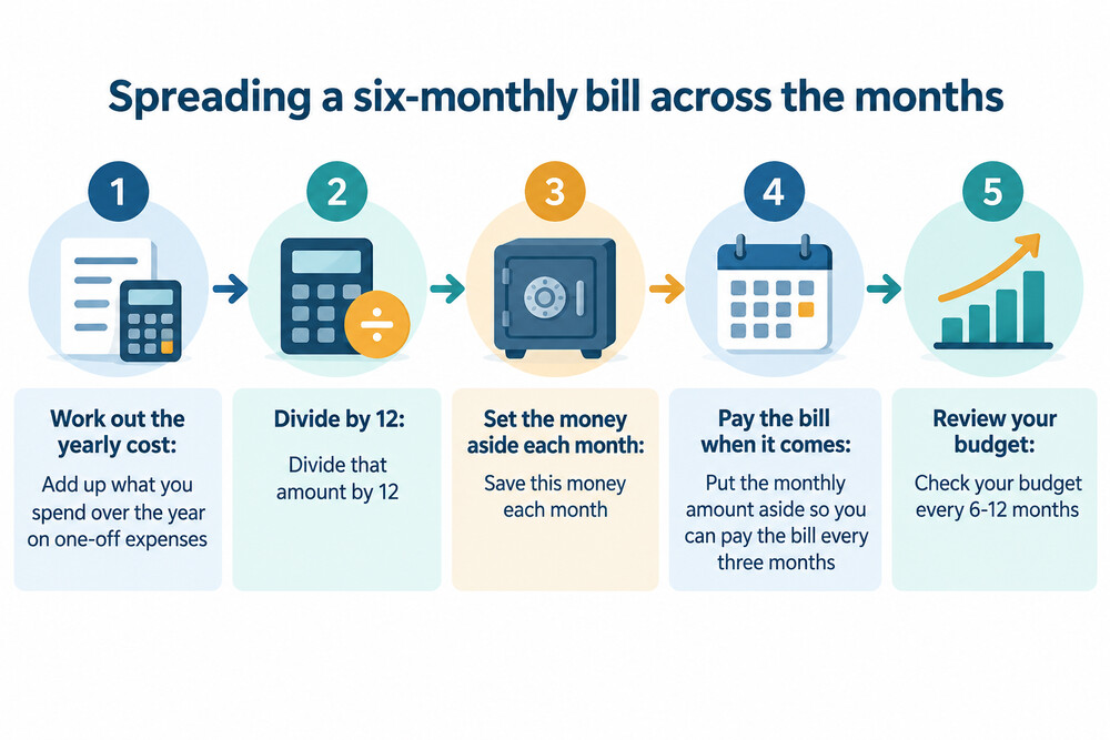 A timeline showing a six-monthly bill split into equal monthly amounts