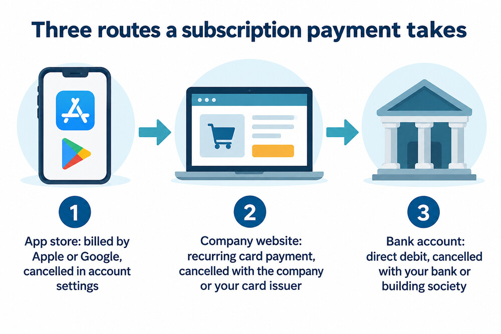 A diagram showing the three routes a subscription payment can take: app store billing, a company website, and a direct debit from a bank account