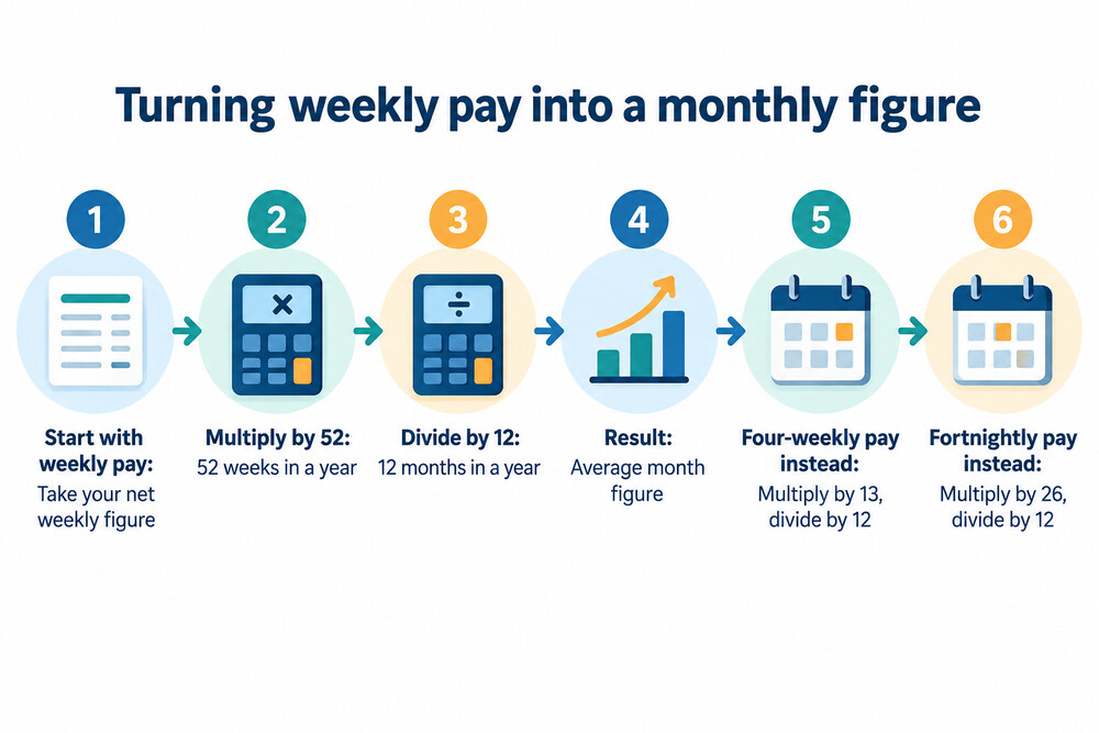 A worked example showing weekly pay converted to a monthly figure