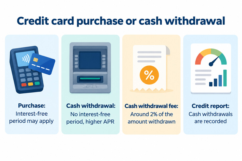 A side-by-side comparison of the costs of buying something on a credit card and taking the same amount out as cash