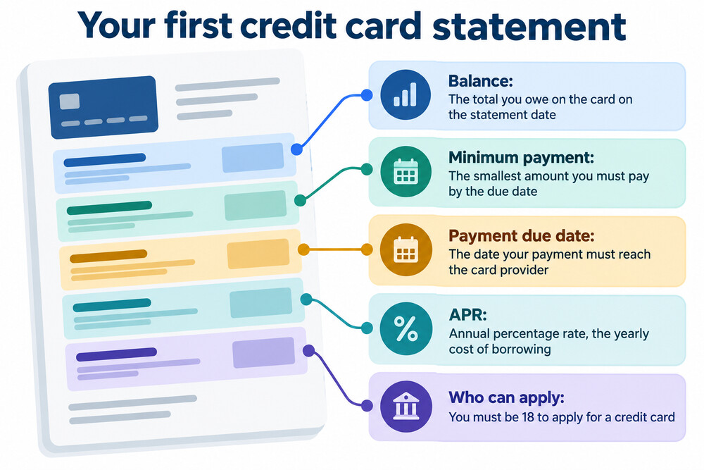 A credit card statement with the payment due date, minimum payment and outstanding balance labelled