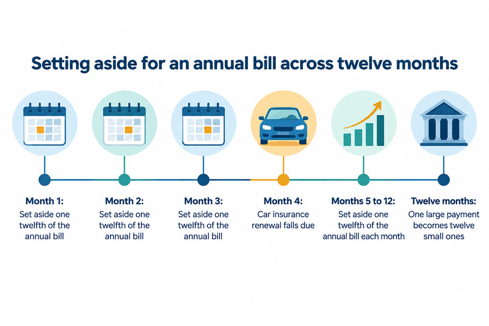 A twelve-month timeline showing a car insurance renewal in month four and the monthly amount set aside in the eleven months before it