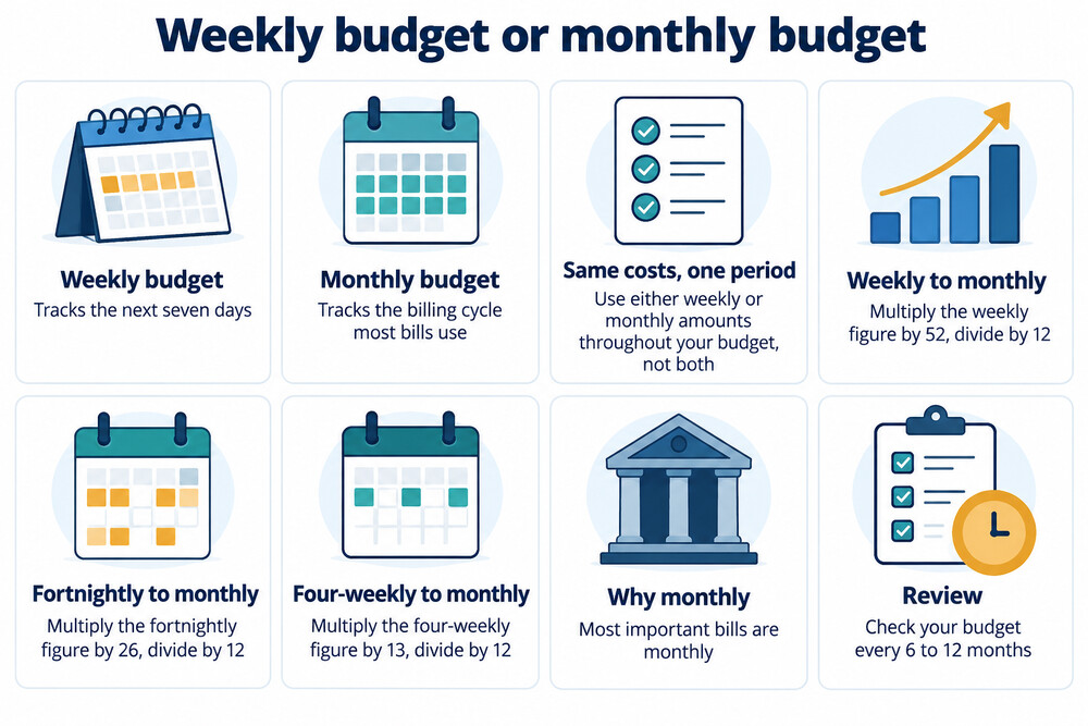 A two-column comparison of a weekly budget page and a monthly budget page, showing the same costs recorded in each