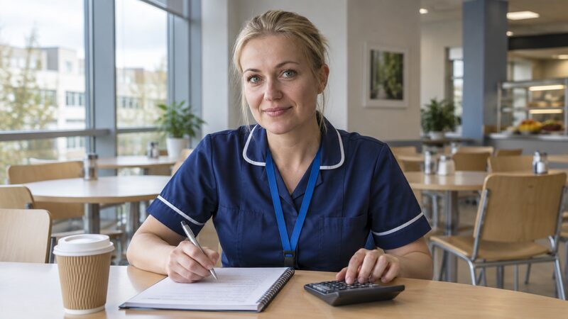 A nurse sits at a canteen table using a calculator and notebook during a break.