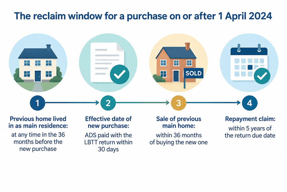 Timeline of the 36-month window to sell a previous main home and reclaim ADS