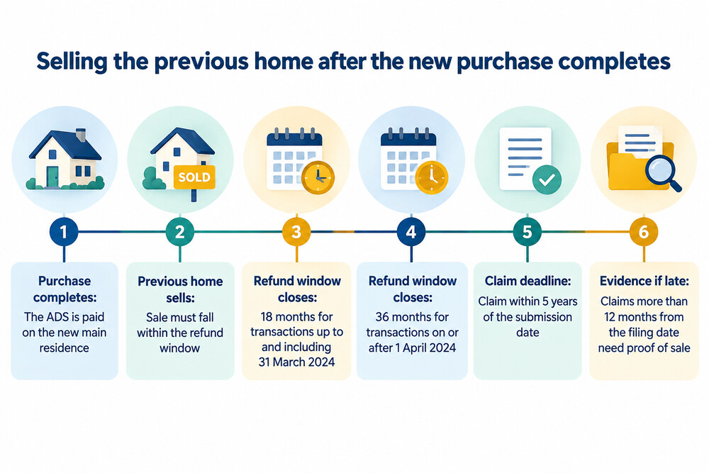 A timeline showing a purchase completing, the sale of the previous home following, and the point at which the refund window closes