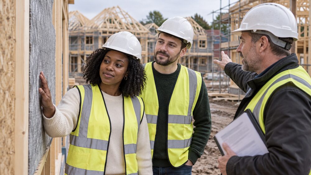 A couple in hard hats and hi-vis vests stand at a timber-frame house under construction.