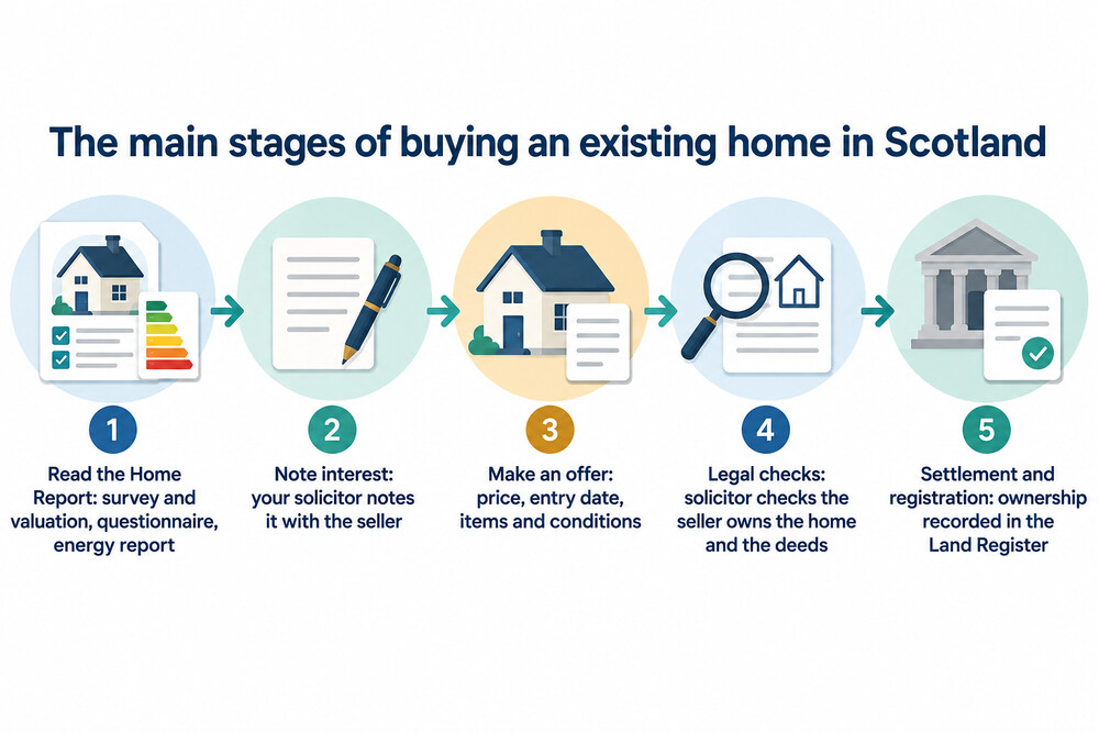 A simple flow of the main stages of buying an existing home in Scotland, from reading the Home Report to registration