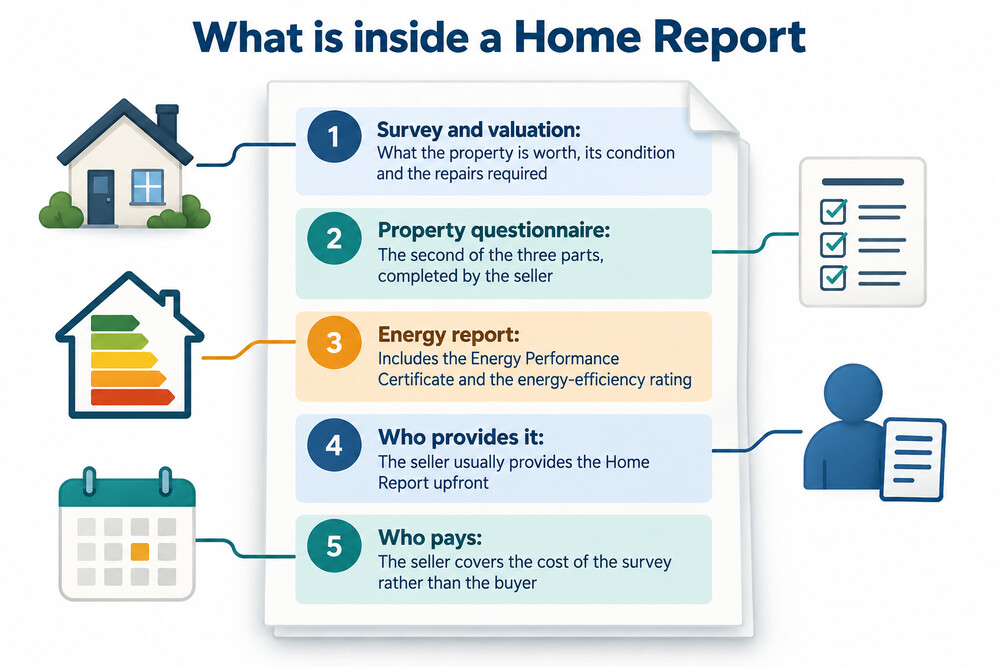 A Scottish Home Report document showing its three sections: single survey, property questionnaire and energy report