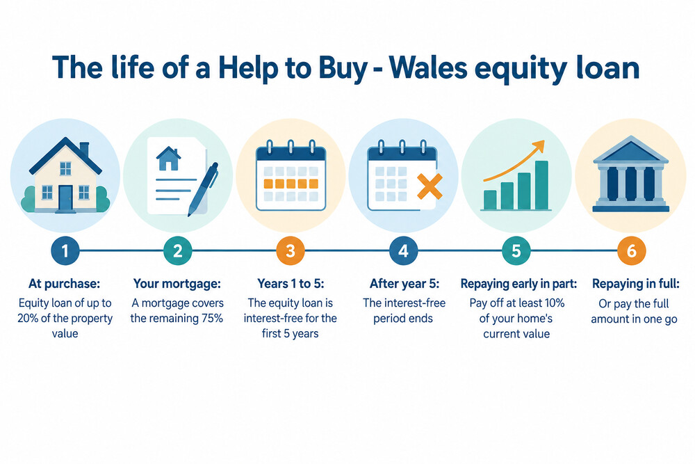 A timeline showing the five interest-free years of a Help to Buy - Wales equity loan, the start of interest fees in year six, and the repayment triggers such as selling the home or reaching the end of the term