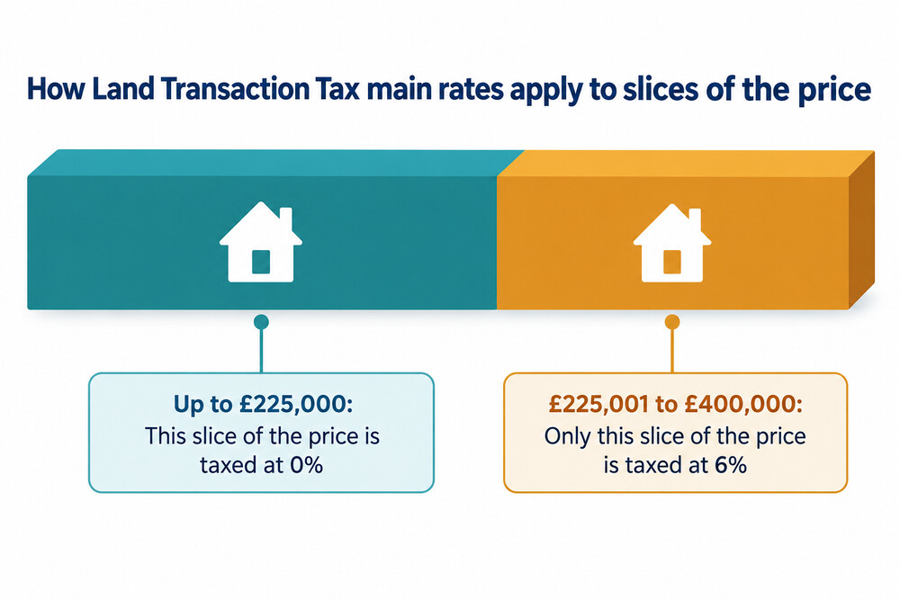 A chart showing the Land Transaction Tax bands for a main home in Wales, with the nil rate up to £225,000 and the 6% band above it