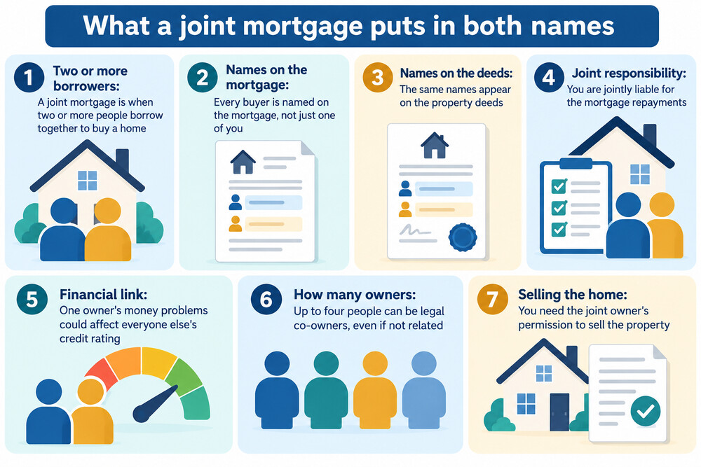 A mortgage deed document listing two buyers' names alongside the property title register showing joint ownership