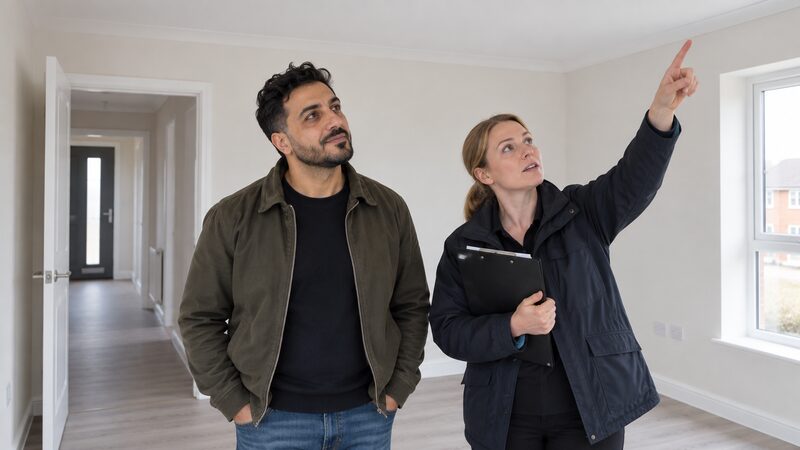 A man walks through a bare new-build room with an inspector holding a clipboard.
