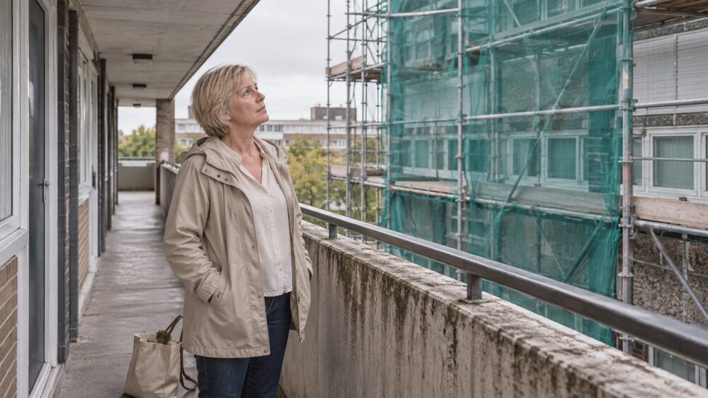 A woman stands on a concrete walkway looking up at scaffolding around a block of flats.