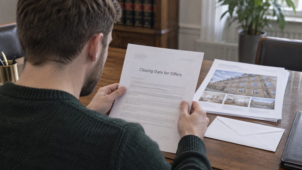 Hands seal a plain white envelope and place it in a document tray on a desk.