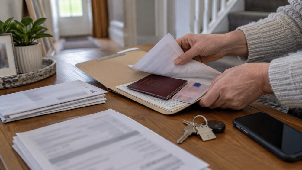 Hands sort a passport, driving licence and payslips into a folder on a table.