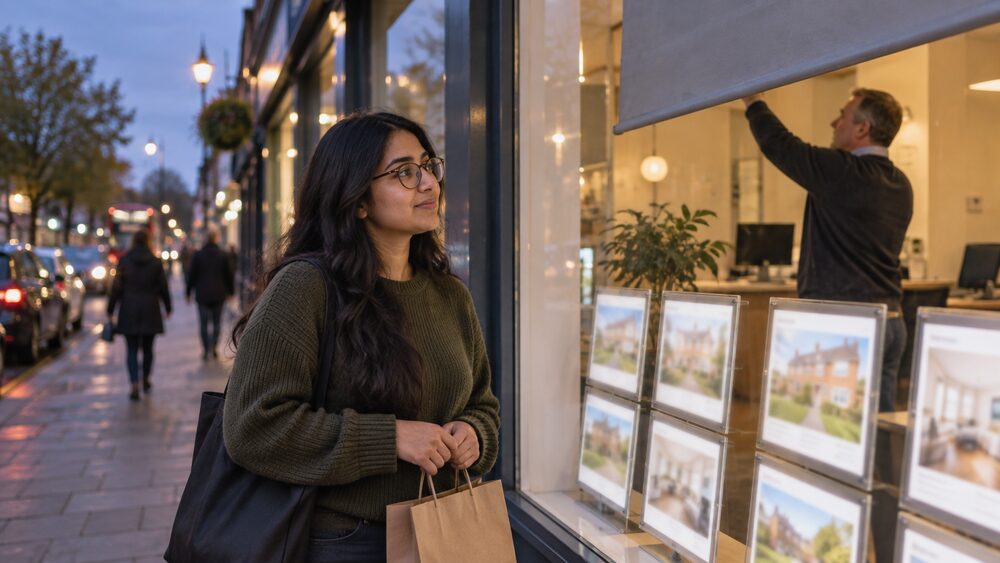 A woman with a shopping bag looks at property cards in an estate agency window at dusk.