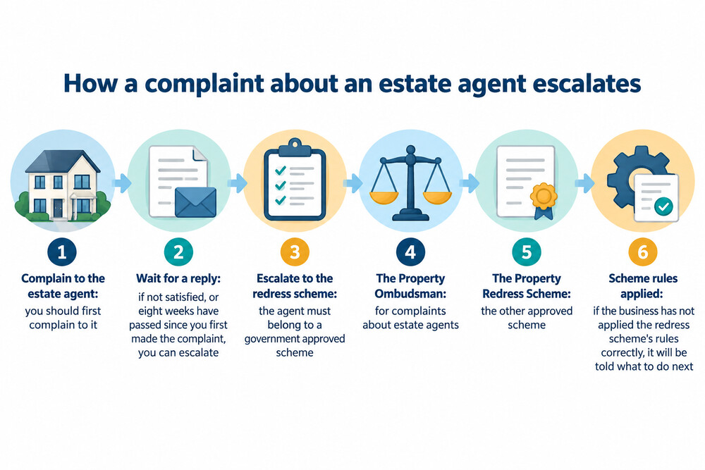A flowchart showing the complaint escalation route from estate agent to redress scheme