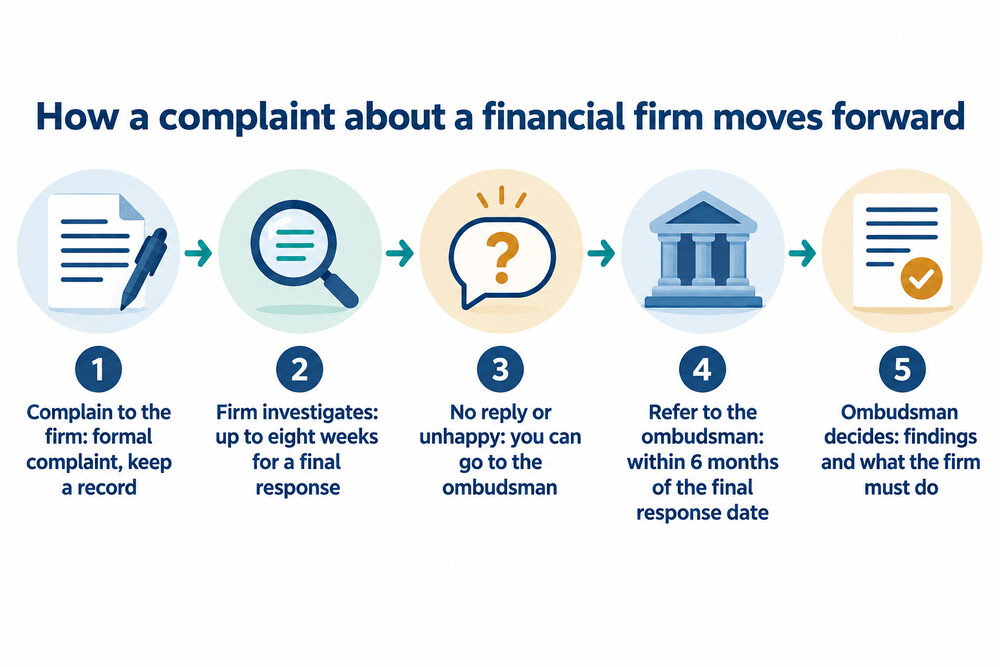A flow diagram showing a complaint moving from the firm to the ombudsman