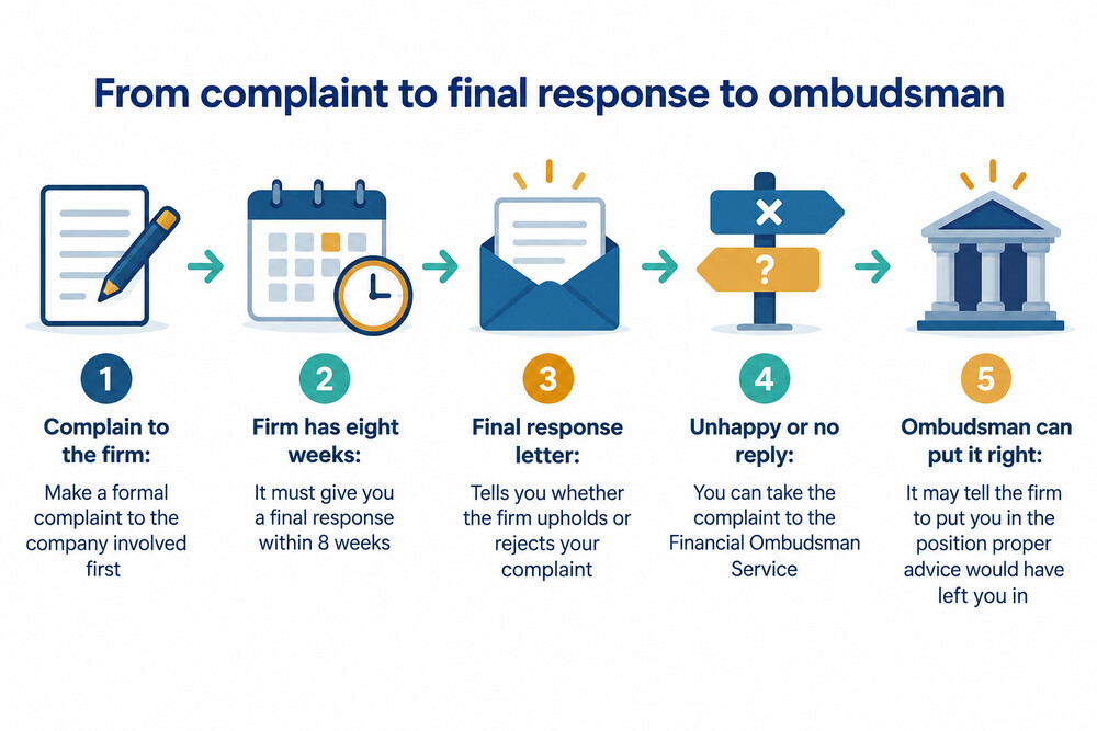 A screenshot-style illustration of the Financial Ombudsman Service online complaint form