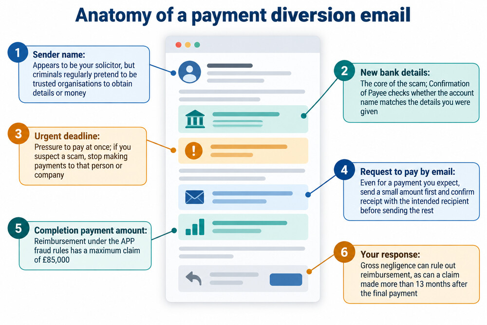 A fraudulent email that appears to come from a solicitor, announcing changed bank details for a house deposit