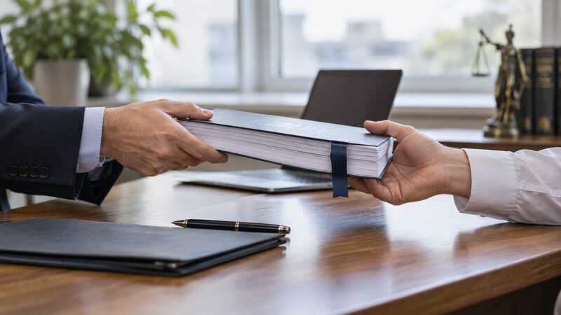 Two hands pass a bound contract pack across a desk between them.